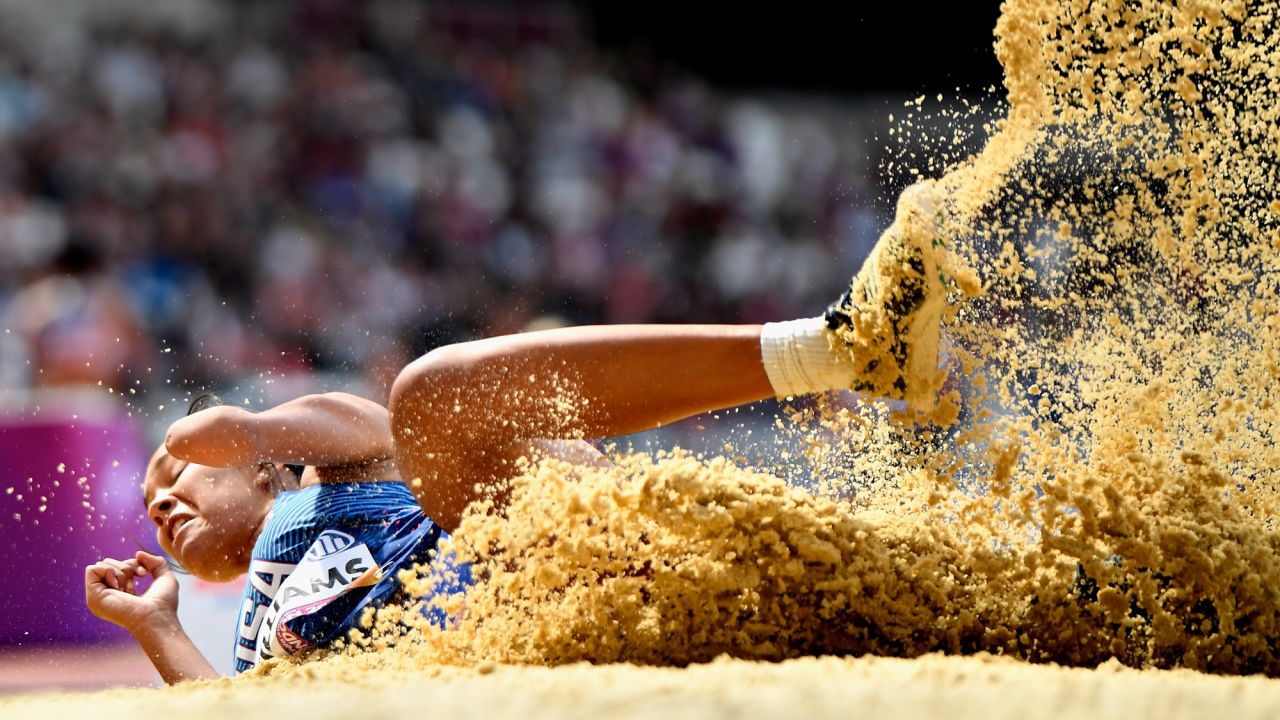 American long jumper Taleah Williams lands in the sand pit during the World Para Athletics Championships on Sunday, July 23. She finished first in the T47 competition.