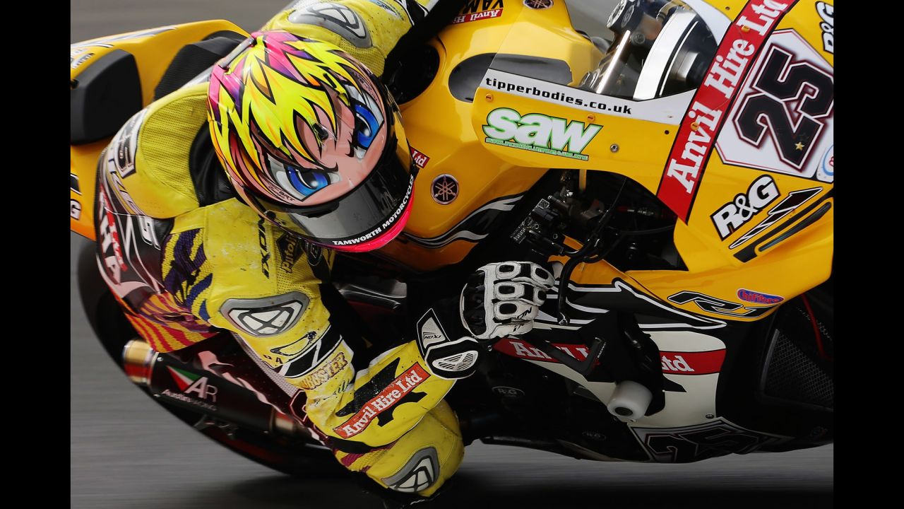 Motorcycle racer Josh Brookes makes a turn as he practices for the British Superbike Championship on Friday, July 21.