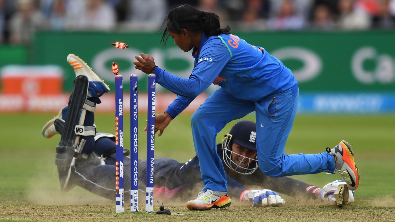 India's Rajeshwari Gayakwad tries to run out England's Jenny Gunn during the Women's World Cup final on Sunday, July 23. England won by nine runs.