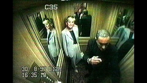 Diana is seen in a Ritz Hotel elevator with her boyfriend, Dodi Fayed. After leaving the hotel, the couple was killed in a high-speed car crash in the Pont de l'Alma tunnel in Paris.