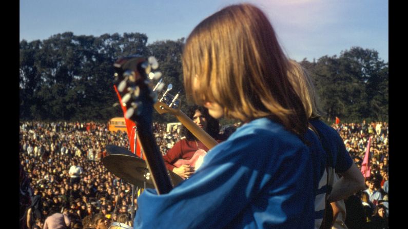 <strong>The Human Be-In:</strong> The Grateful Dead's Bob Weir (front) and Jerry Garcia perform at the Human Be-In, 1967, in this photo by Rosie McGee. The Be-In drew at least 20,000 revelers to Golden Gate Park for chanting, music and lots of drugs. Psychologist and LSD proponent Timothy Leary famously urged the audience to "Turn on, tune in, drop out."  