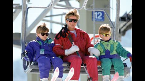 Diana and her sons go skiing in Lech, Austria, in April 1991.