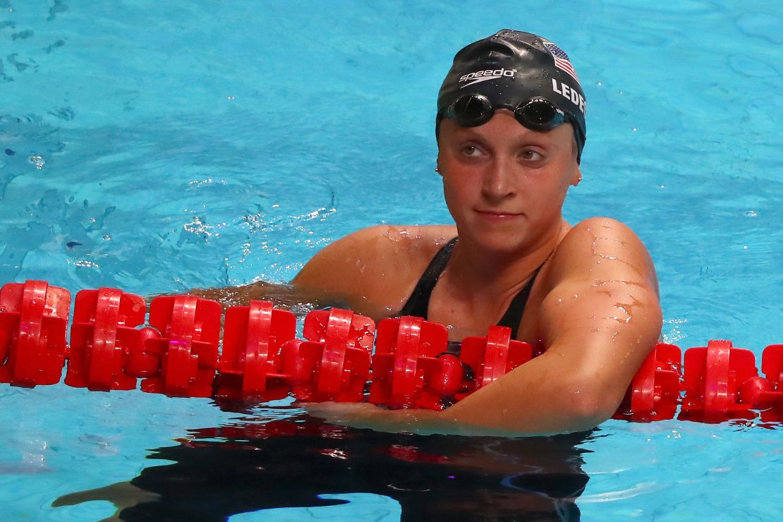 Katie Ledecky looks on after winning 1500-meter freestyle gold.