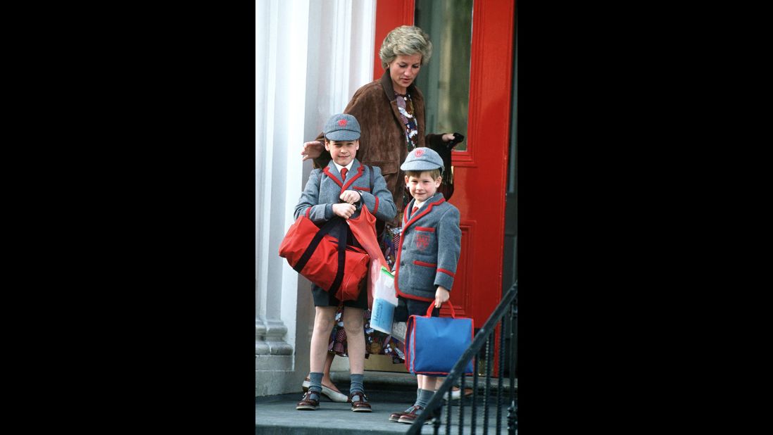 Diana and her two boys walk outside the Wetherby School in London in April 1990.