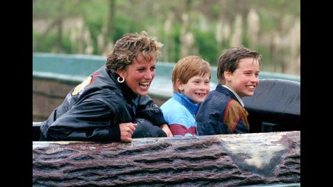 Diana and her sons visit Thorpe Park, a theme park in Surrey, England, in April 1993.