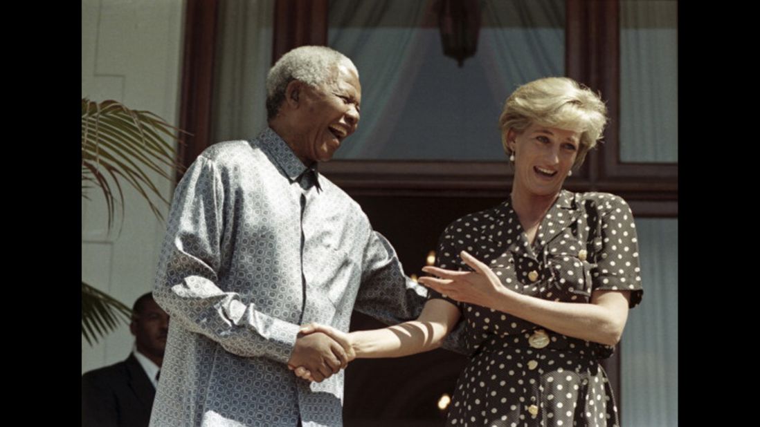 Diana visits Cape Town, South Africa, and meets with South African President Nelson Mandela in March 1997.