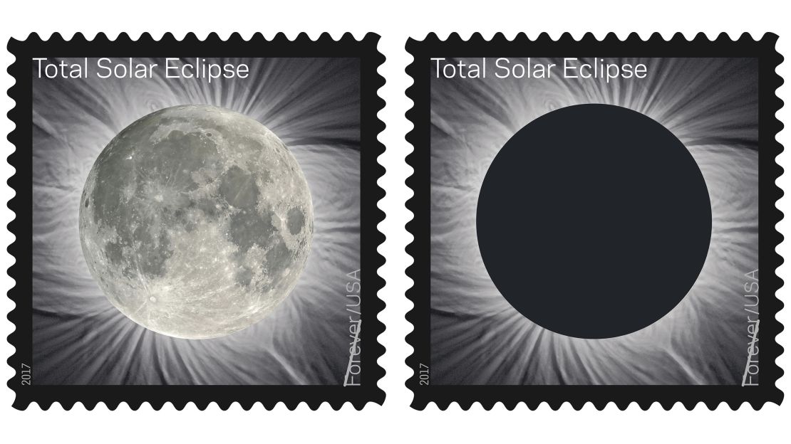 These images provided by the US Postal Service show the Total Solar Eclipse Forever stamp.