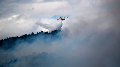 A firefighting plane drops water over a blaze in Mirabeau, France.
