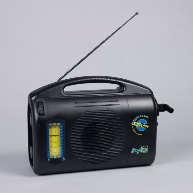 In 1991, eccentric British inventor Trevor Baylis realized the need for radio in remote African communities without electricity -- his response was this, the first wind-up radio, a landmark moment in radio history, still used today. 