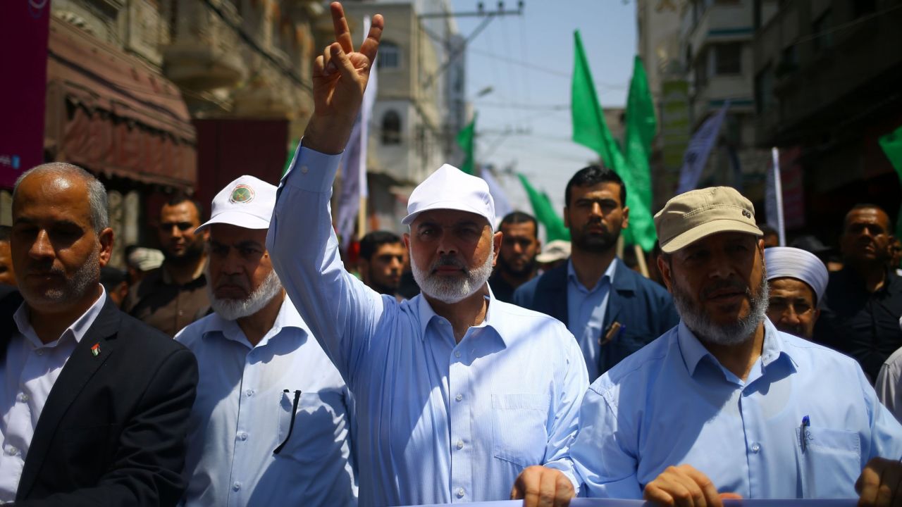 Senior Hamas leader Ismail Haniya and spokesman Fawzi Barhoum attend a rally in Gaza City on July 22, 2017.