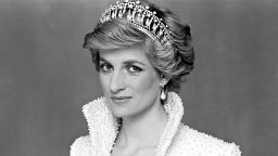 Princess Diana,  Princess of Wales . Pictured in 1990.  The oyster pearl and sequin-encrusted white silk evening gown and matching high-collared bolero jacket  by Catherine Walker, was known by the Princess as her "Elvis Dress"