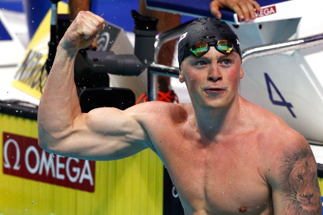 Peaty celebrates winning the men's 50m breaststroke gold medal.