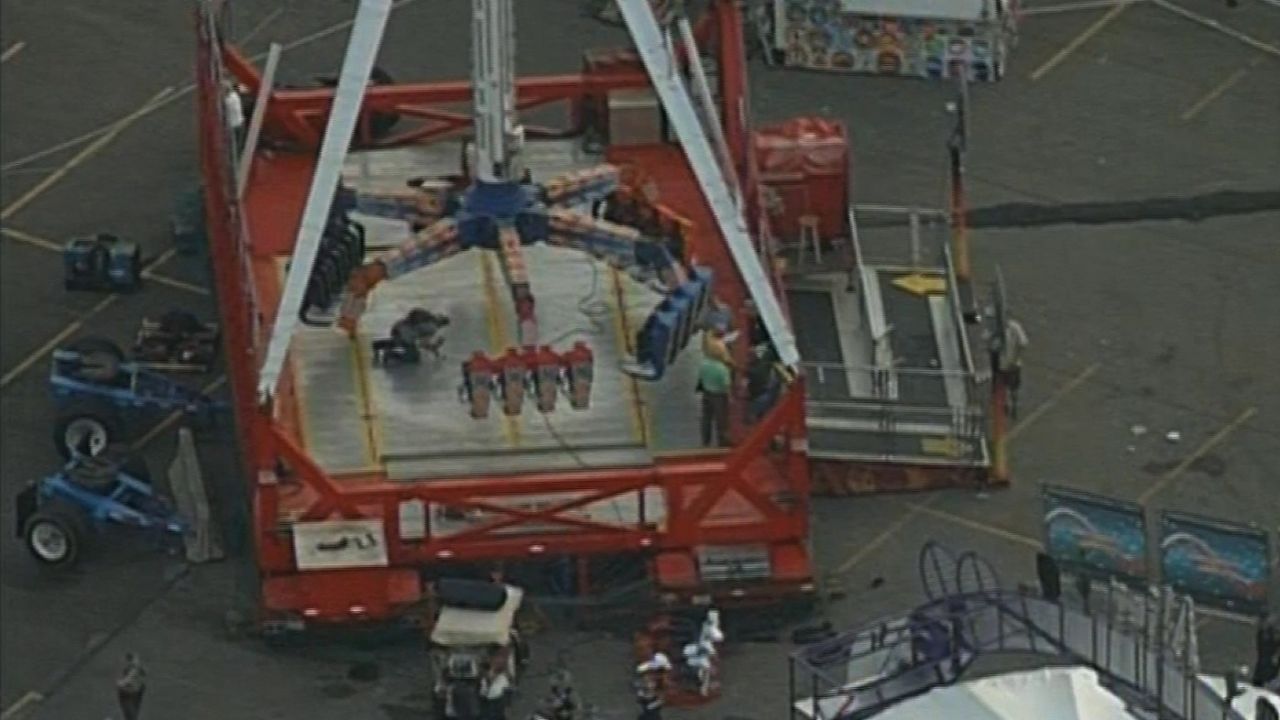 An aerial photograph of the Fire Ball ride at the Ohio State Fair on July 26.
