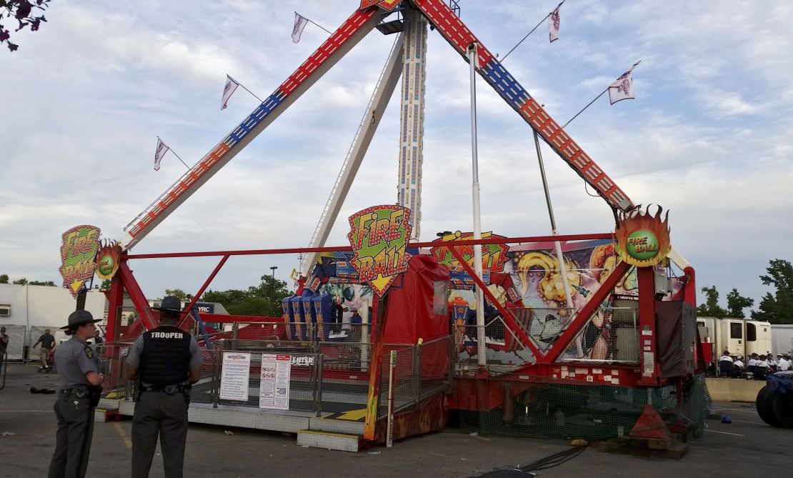 The Fire Ball amusement ride after it malfunctioned Wednesday at the Ohio State Fair.