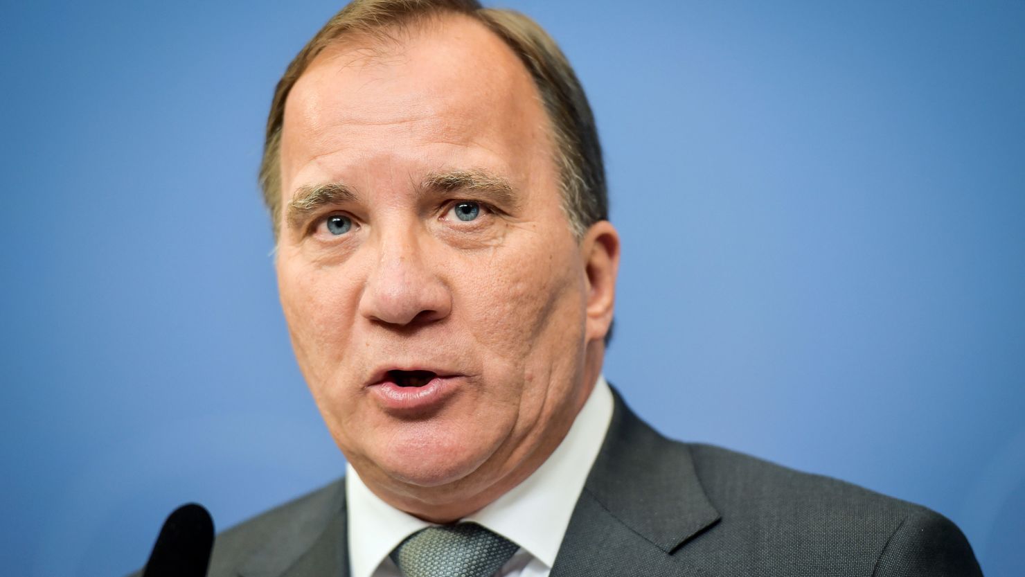 Sweden's PM Stefan Lofven at a news conference about the huge leak of confidential information.