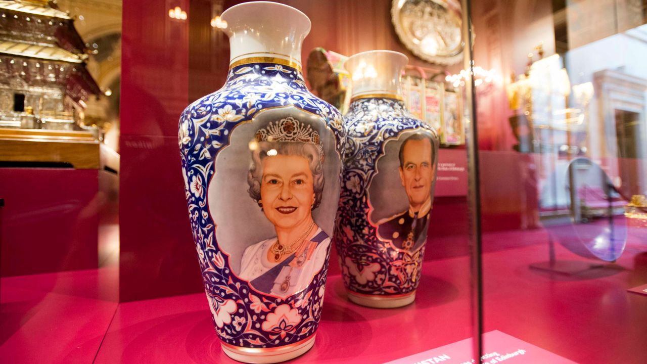 Many of the gifts the Queen has been given over the years honor her personally, such as these vases from Islam Karimov, the former president of Uzbekistan. One vase has a portrait of the Queen painted on it, while the other shows her husband, Prince Philip.