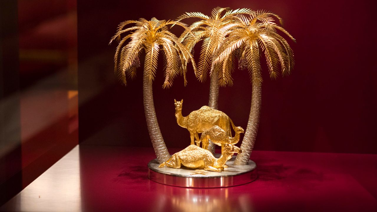 From one royal to another: Saudi Arabia's Prince Sultan bin Abdulaziz Al Saud gave the Queen this ornament showing three camels and three palm trees.