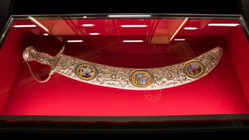 This sword and scabbard were made in Punjab, India, but they were presented to the Queen by subjects a little closer to home: the largest Sikh temple in the UK, London's Gurdwara Sri Guru Singh Sabha.