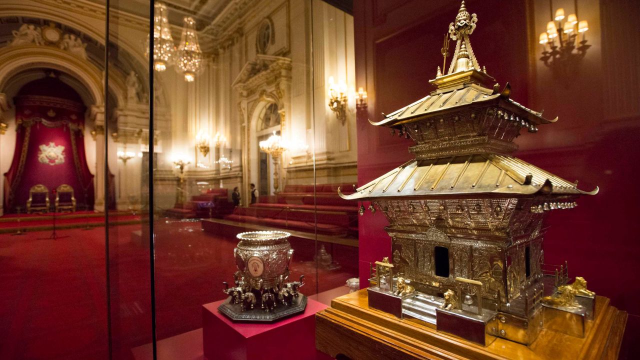 Queen Elizabeth was given a silver bowl decorated with elephants when she visited Sri Lanka, then called Ceylon, in 1954. She received this model of the Pashupatinath Temple in Nepal when she went there six years later.
