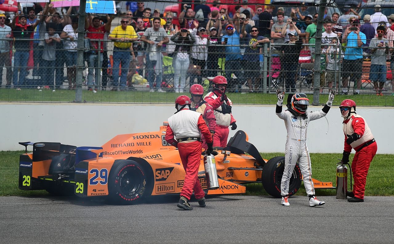 The Spaniard, who had never raced on oval circuits was in contention as the 200-lap race reached the closing stages before disaster struck with 21 laps remaining as a engine failure forced him to retire. <br />