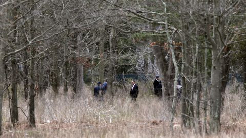 Investigators comb woods where the mutilated bodies of four young men were discovered in late April in Central Islip. Authorities believe MS-13 was behind the killings.