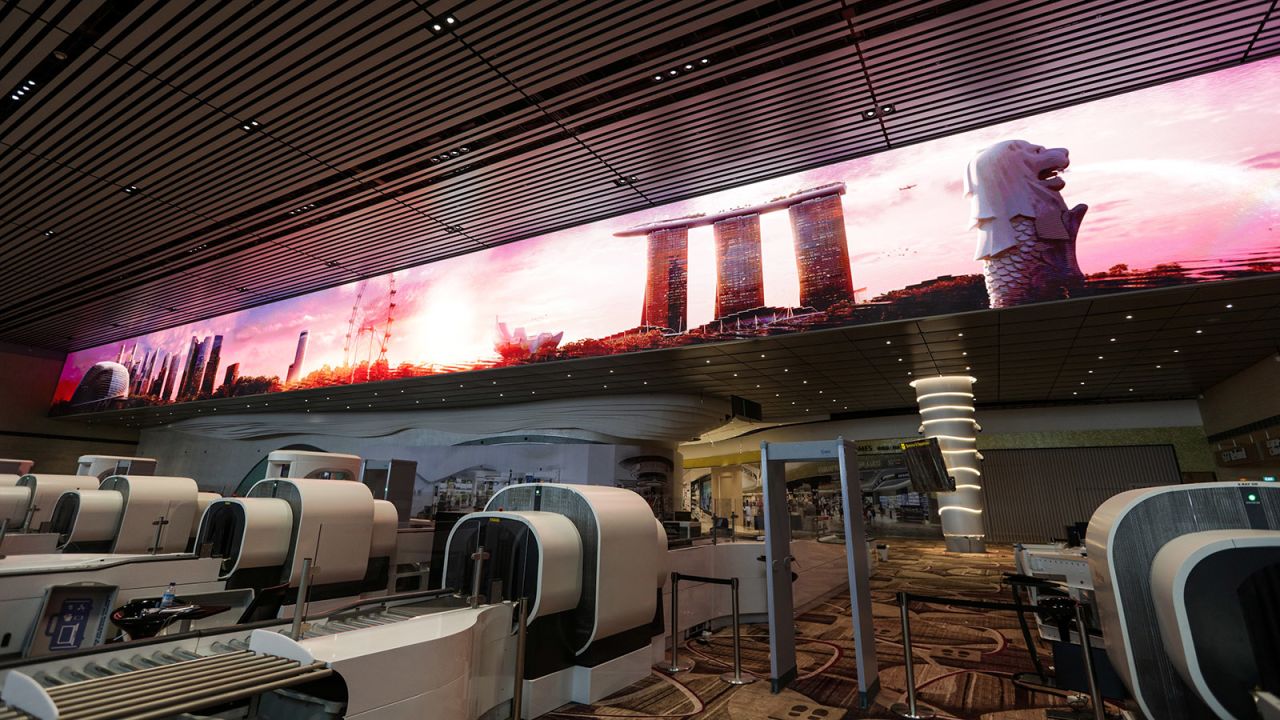 <strong>Immersive Wall: </strong>The Immersive Wall is a 70x5 meter LED screen designed to keep passengers entertained with beautiful visuals as they pass through passport control and security.
