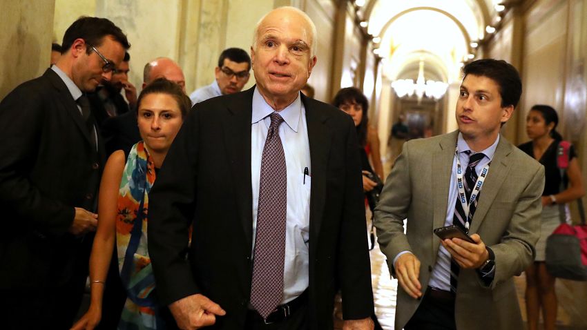 Sen. John McCain leaves the the Senate chamber at the U.S. Capitol after voting on the GOP 'Skinny Repeal' health care bill on  July 28, 2017 in Washington, DC. Three Senate Republicans voted no to block a stripped-down, or 'Skinny Repeal,' version of Obamacare reform. 