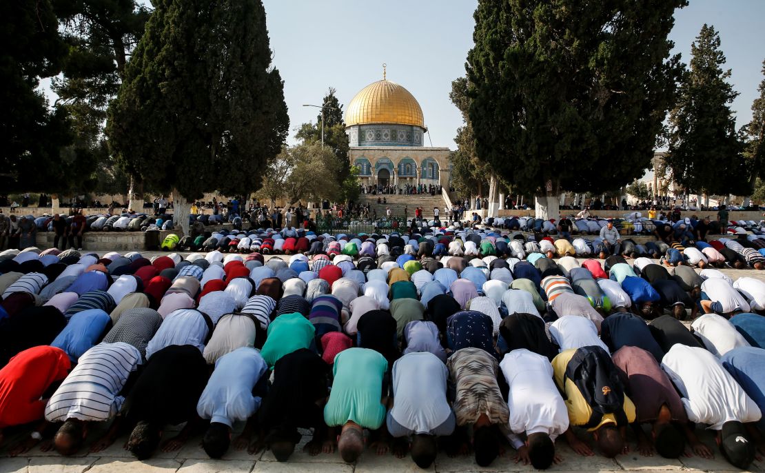 Palestinian Muslims bow in prayer inside the Haram al-Sharif compound, known to Jews as the Temple Mount, in the old city of Jerusalem.