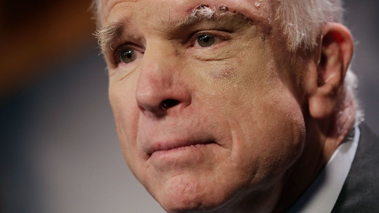 WASHINGTON, DC - JULY 27: Sen. John McCain (R-AZ) holds a news conference with fellow GOP senators to say they would not support a 'Skinny Repeal' of health care at the U.S. Capitol July 27, 2017 in Washington, DC. The Republican senators said they would not support any legislation to repeal and replace Obamacare unless it was guaranteed to go to conference with the House of Representatives. (Photo by Chip Somodevilla/Getty Images)