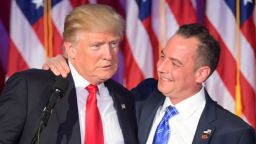 Chairman of the Republican National Committee (RNC) Reince Priebus (R) hugs Republican presidential elect Donald Trump during election night at the New York Hilton Midtown in New York on November 9, 2016.  / AFP / JIM WATSON        (Photo credit should read JIM WATSON/AFP/Getty Images)
