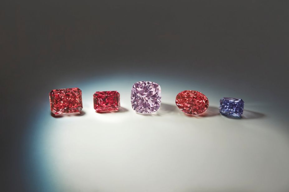 These "hero" diamonds include two Fancy red, a Fancy Purple-Pink, a Fancy Deep Pink diamond and a Fancy Deep Gray-Violet diamond.