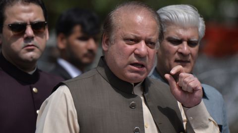 Pakistan's then-Prime Minister Nawaz Sharif speaks to media after appearing before an anti-corruption commission at the Federal Judicial Academy in Islamabad on June 15, 2017.