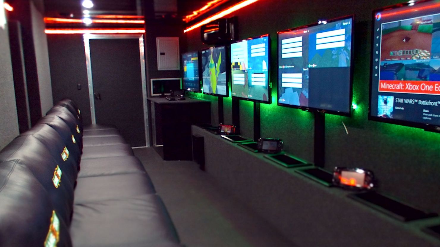 This photograph provided by GameTruck shows the interior of one of the company's video game trailers.