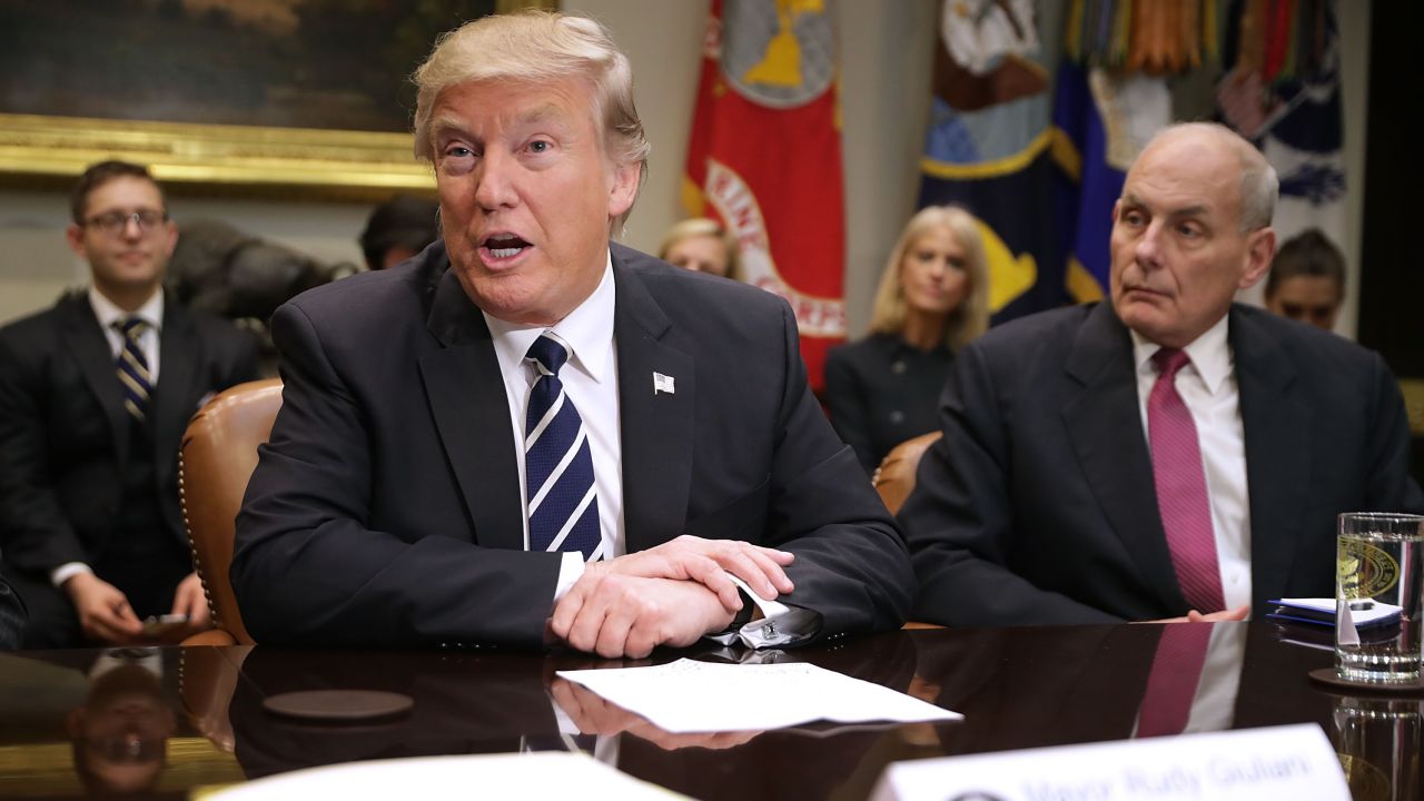 U.S. President Donald Trump delivers remarks at the beginning of a meeting with Homeland Security Secretary John Kelly and other government cyber security experts in the Roosevelt Room at the White House January 31, 2017 in Washington, DC. Citing the hack of computers at the Democratic National Committee by Russia, Trump said that the private and public sectors must do more to prevent and protect against cyber attacks.