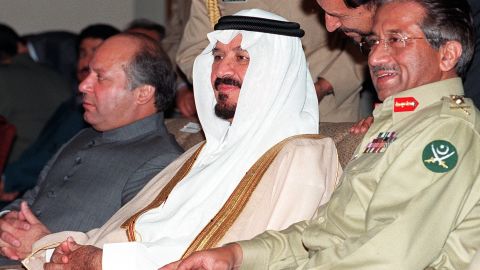 Sharif, left, with Saudi Crown Prince Sultan bin Abdul-Aziz, center, and Pervez Musharraf in 1999.
