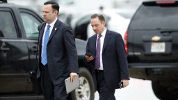White House Director of Social Media Dan Scavino, left, walks to a vehicle with former White House Chief of Staff Reince Priebus. (AP Photo/Alex Brandon)