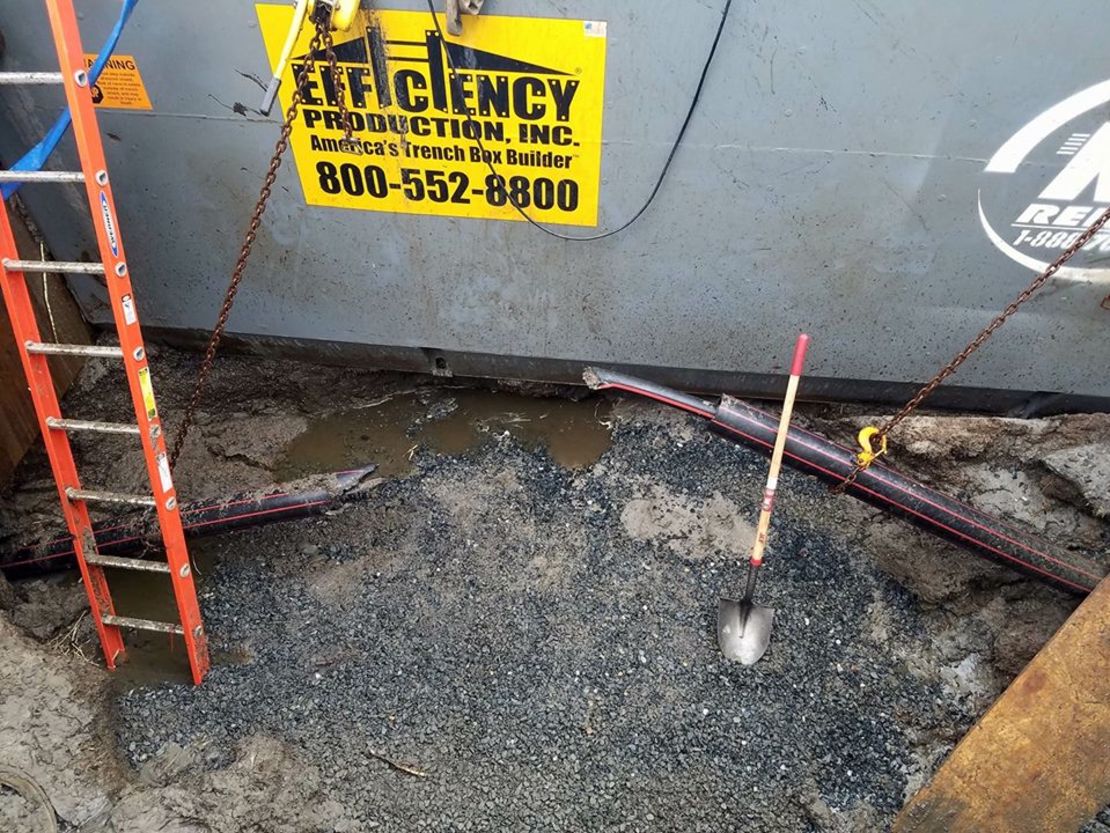 An underground transmission cable was cut in half after construction workers drove a steel casing.