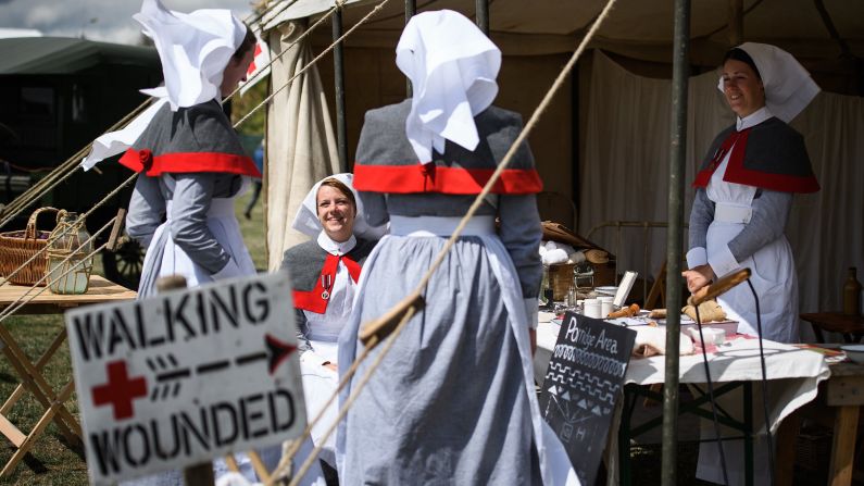 A Dutch group of professional reenactors called Tommy's Sisters recreate life for the medical staff during World War I on July 30 in Ypres. The group portrays British nurses and others from the Great War.