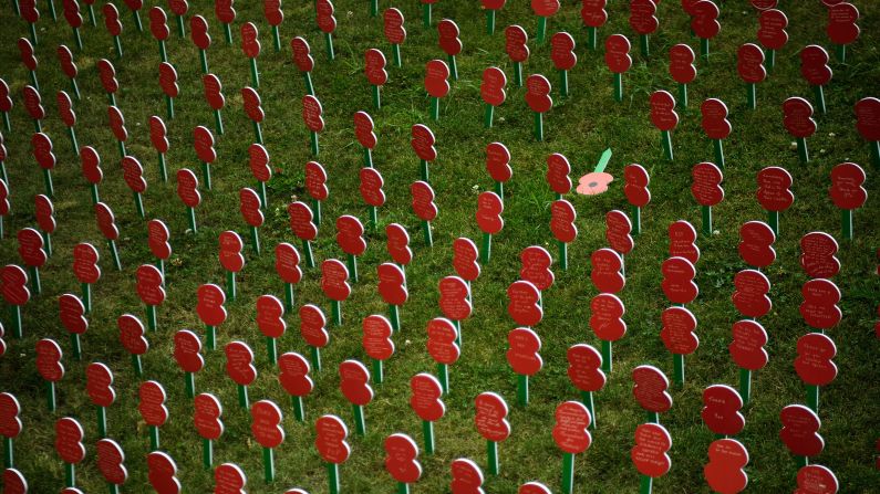 Poppies with personalized messages from members of the British public are seen at the Tyne Cot Cemetery on Saturday, July 29 in Ypres, Belgium.