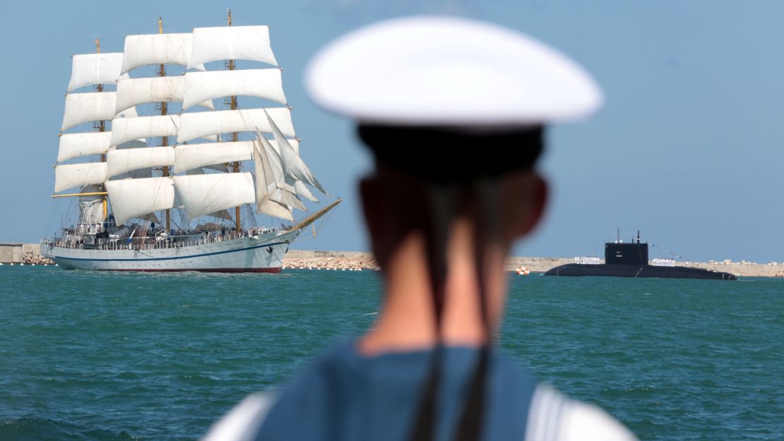 A Russian training ship, the Khersones, during a naval parade to mark Russian Navy Day in Sevastopol, Crimea.