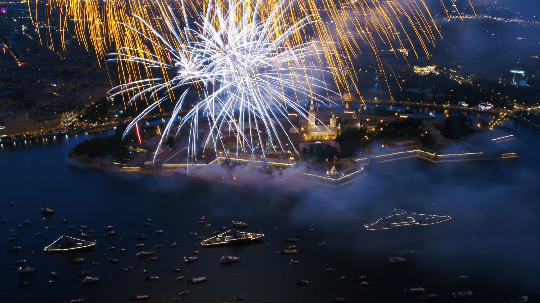 Fireworks go off to mark Russian Navy Day in St. Petersburg.