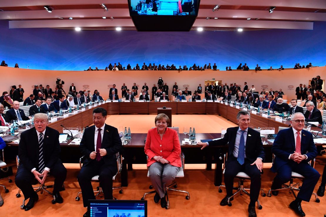 US President Donald Trump, China's President Xi Jinping, German Chancellor Angela Merkel, Argentinian President Mauricio Macri and Australia's Prime Minister Malcolm Turnbull at the G20 meeting in Hamburg, Germany, on July 7.