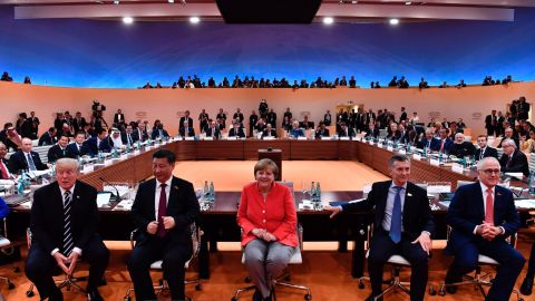 US President Donald Trump, China's President Xi Jinping, German Chancellor Angela Merkel, Argentinian President Mauricio Macri and Australia's Prime Minister Malcolm Turnbull at the G20 meeting in Hamburg, Germany, on July 7.