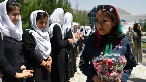 Waiz met with students during her stopover in Kabul on July 12.