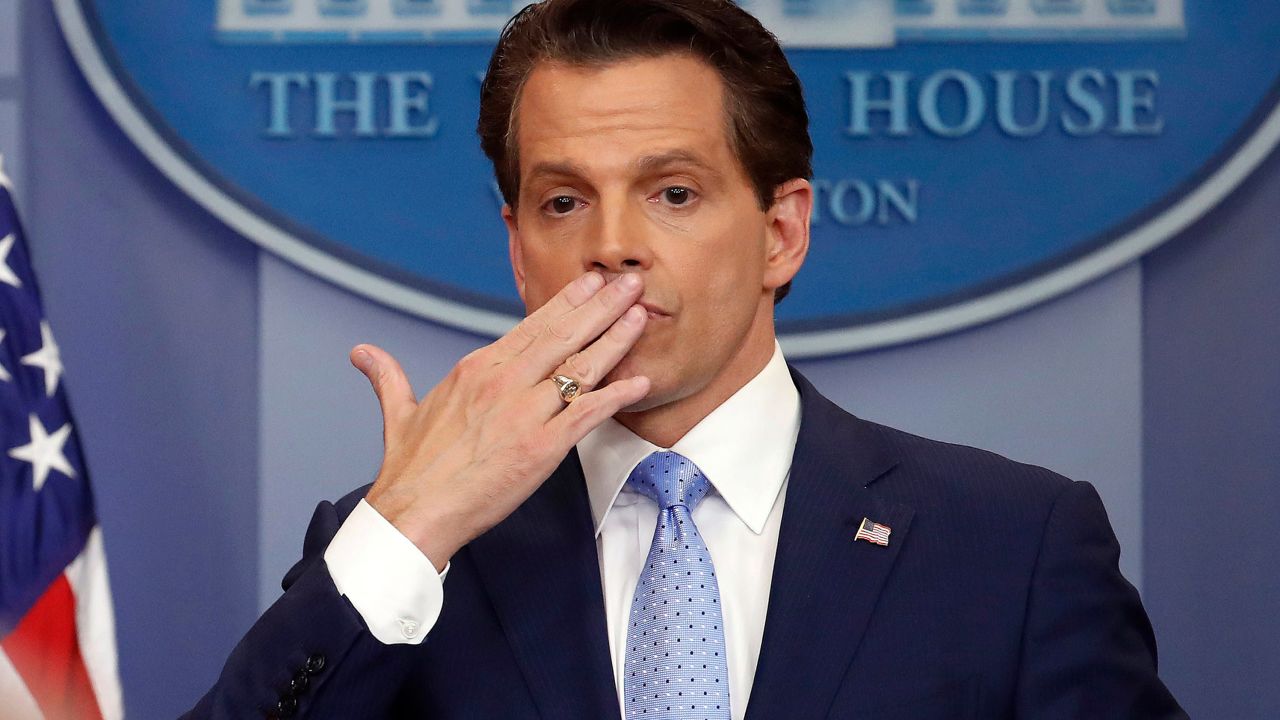 Anthony Scaramucci blowing a kiss after answering questions during a press briefing on July 21.
