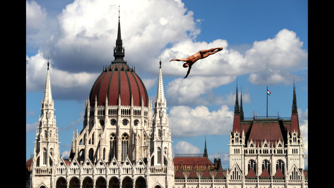 Russia's Nikita Fedotov competes in the high-dive competition at the FINA World Championships on Friday, July 28. The event took place in Budapest, Hungary.