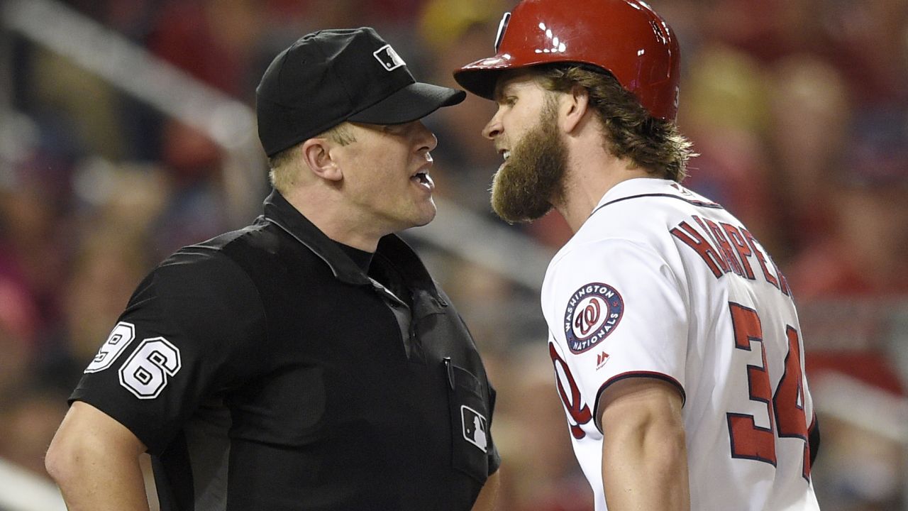 Washington star Bryce Harper argues with umpire Chris Segal after being ejected from a game against Milwaukee on Wednesday, July 26. Segal tossed Harper for arguing after a strikeout.