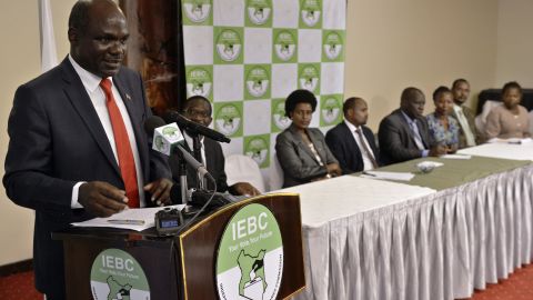 IEBC Chairman Wafula Chebukati speaks to journalists in Nairobi in February.