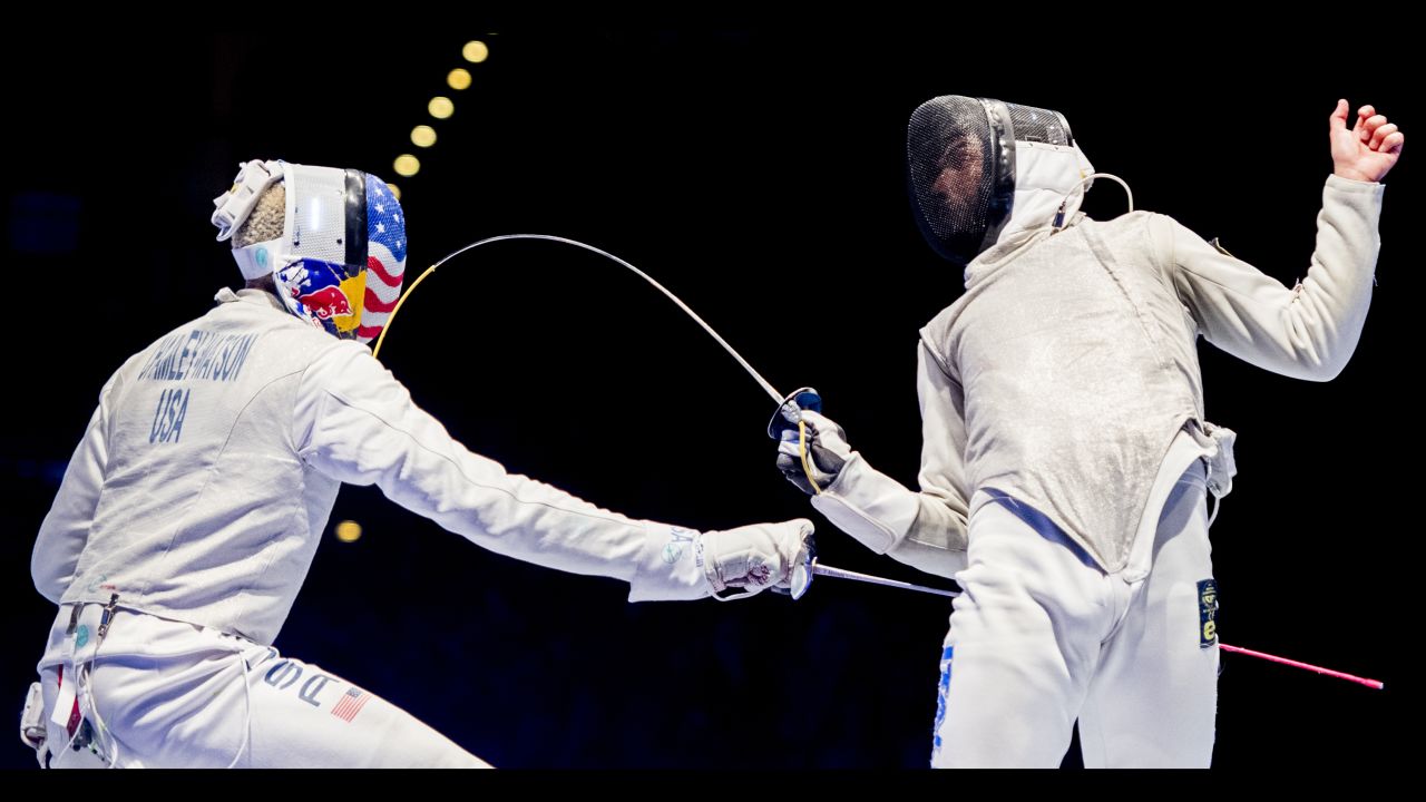 Italian fencer Alessio Voconi, right, competes against American Miles Chamley-Watson at the World Fencing Championships on Wednesday, July 26. The Italians defeated the Americans in the team foil final.