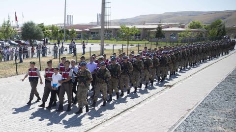 Defendants are escorted under heavy security to court in the capital, Ankara, on Tuesday.